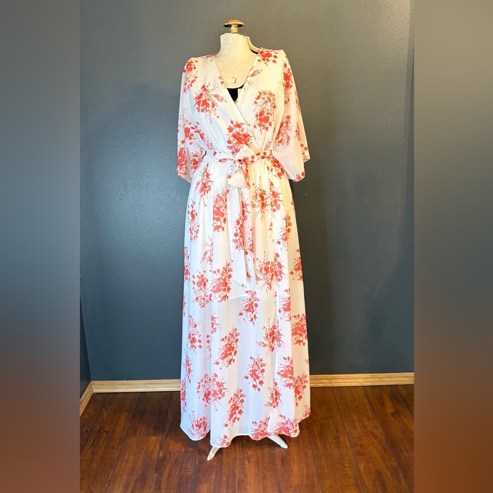 Anzabess Floral Pattern Wrap Long Sleeve Maxi Open Front Sheer Dress Sz Medium